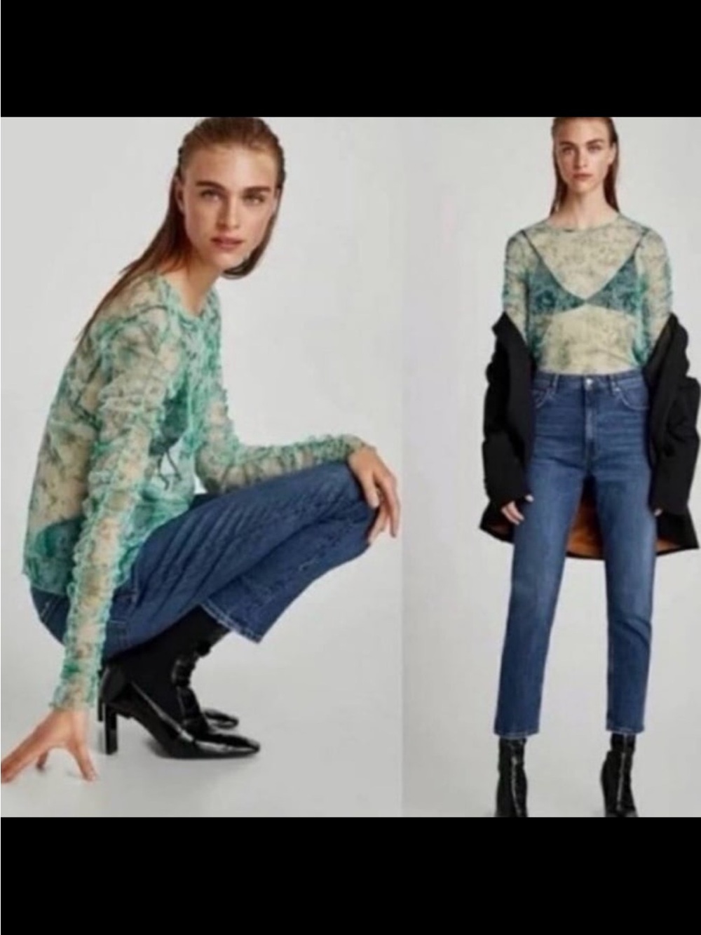 Zara Green Floral Mesh Sheer Long Sleeve Top Large